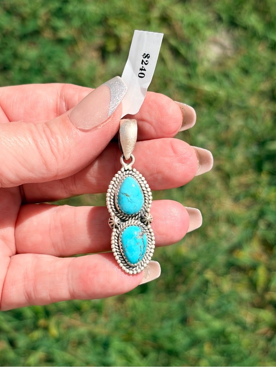 Artisan Jewelry - 925 Sterling Silver Tonopah Turquoise Double Stone Pendant